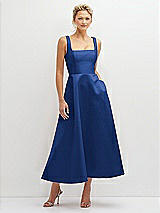 Front View Thumbnail - Classic Blue Square Neck Satin Midi Dress with Full Skirt & Pockets