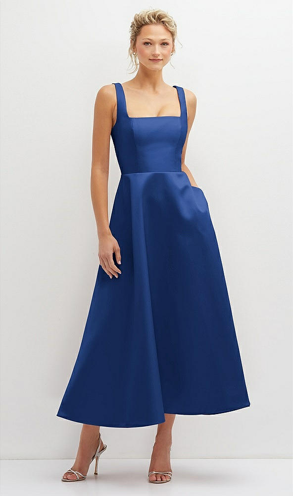 Front View - Classic Blue Square Neck Satin Midi Dress with Full Skirt & Pockets
