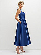 Side View Thumbnail - Classic Blue Square Neck Satin Midi Dress with Full Skirt & Pockets