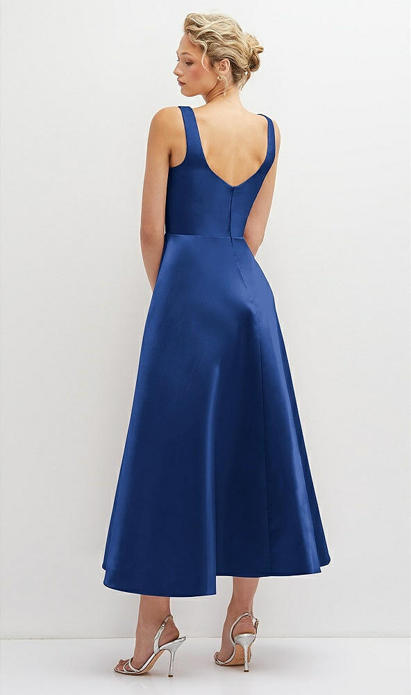 Back View - Classic Blue Square Neck Satin Midi Dress with Full Skirt & Pockets