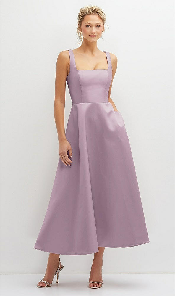 Front View - Suede Rose Square Neck Satin Midi Dress with Full Skirt & Pockets