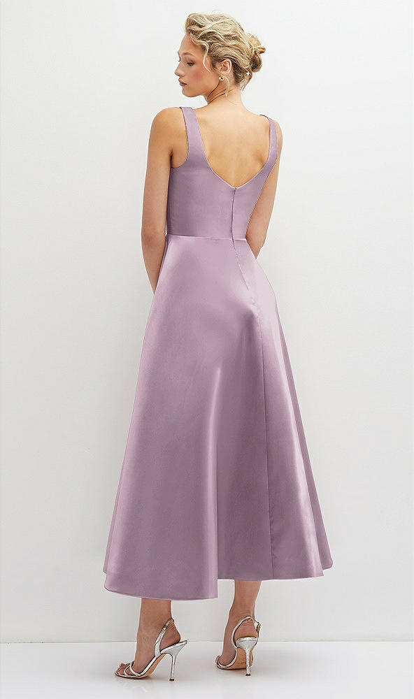 Back View - Suede Rose Square Neck Satin Midi Dress with Full Skirt & Pockets