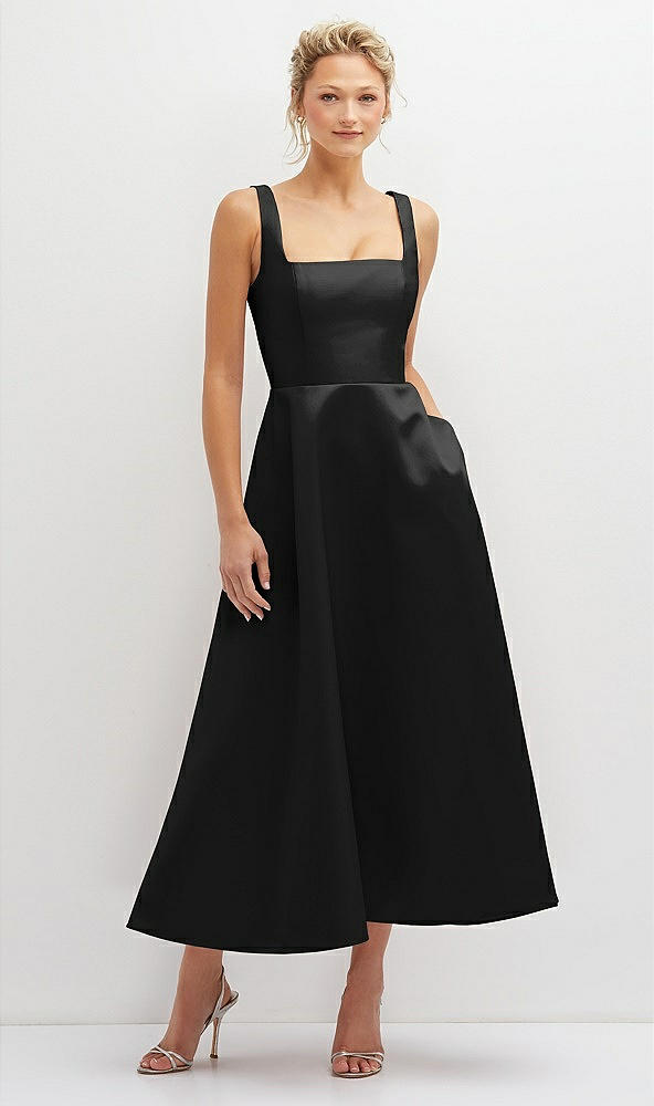 Front View - Black Square Neck Satin Midi Dress with Full Skirt & Pockets