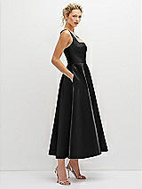 Side View Thumbnail - Black Square Neck Satin Midi Dress with Full Skirt & Pockets