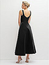 Rear View Thumbnail - Black Square Neck Satin Midi Dress with Full Skirt & Pockets