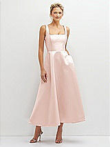 Front View Thumbnail - Blush Square Neck Satin Midi Dress with Full Skirt & Pockets