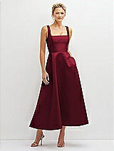 Front View Thumbnail - Burgundy Square Neck Satin Midi Dress with Full Skirt & Pockets