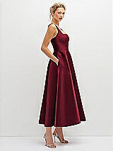 Side View Thumbnail - Burgundy Square Neck Satin Midi Dress with Full Skirt & Pockets