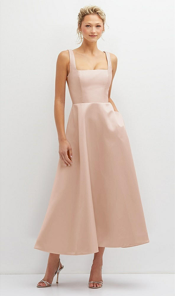 Front View - Cameo Square Neck Satin Midi Dress with Full Skirt & Pockets