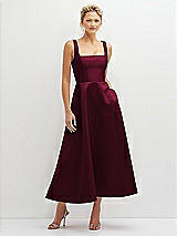 Front View Thumbnail - Cabernet Square Neck Satin Midi Dress with Full Skirt & Pockets