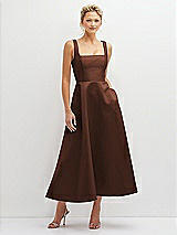 Front View Thumbnail - Cognac Square Neck Satin Midi Dress with Full Skirt & Pockets