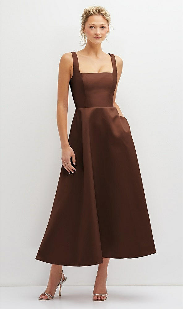 Front View - Cognac Square Neck Satin Midi Dress with Full Skirt & Pockets