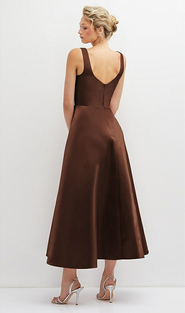 Back View - Cognac Square Neck Satin Midi Dress with Full Skirt & Pockets