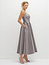 Side View Thumbnail - Cashmere Gray Square Neck Satin Midi Dress with Full Skirt & Pockets