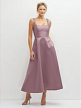 Front View Thumbnail - Dusty Rose Square Neck Satin Midi Dress with Full Skirt & Pockets