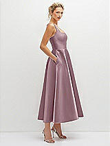 Side View Thumbnail - Dusty Rose Square Neck Satin Midi Dress with Full Skirt & Pockets