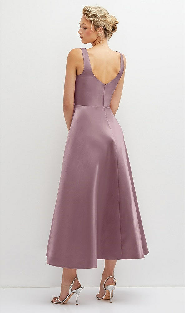 Back View - Dusty Rose Square Neck Satin Midi Dress with Full Skirt & Pockets