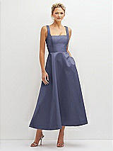 Front View Thumbnail - French Blue Square Neck Satin Midi Dress with Full Skirt & Pockets
