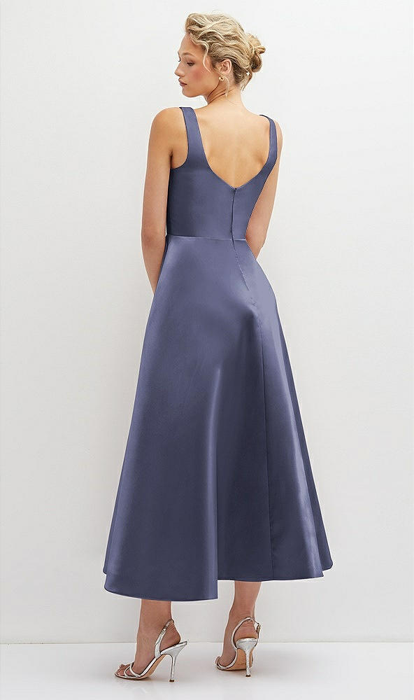 Back View - French Blue Square Neck Satin Midi Dress with Full Skirt & Pockets