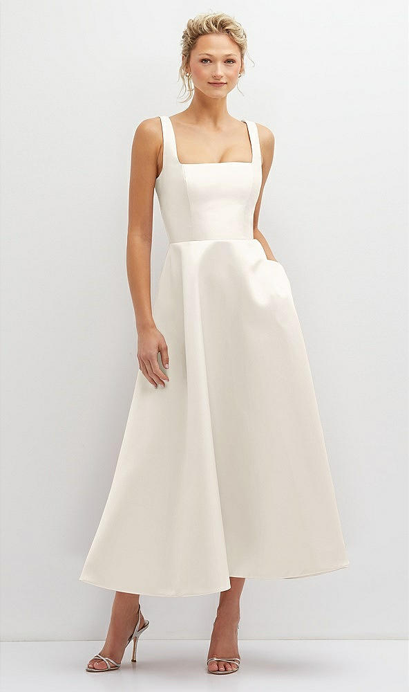 Front View - Ivory Square Neck Satin Midi Dress with Full Skirt & Pockets