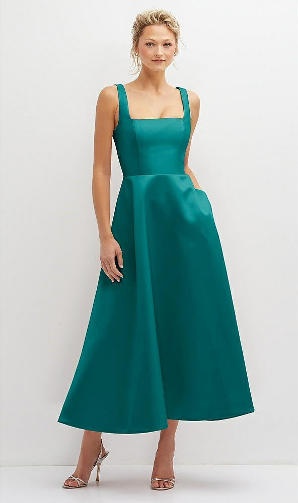 Front View - Jade Square Neck Satin Midi Dress with Full Skirt & Pockets