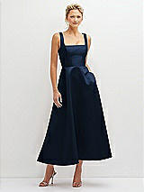 Front View Thumbnail - Midnight Navy Square Neck Satin Midi Dress with Full Skirt & Pockets