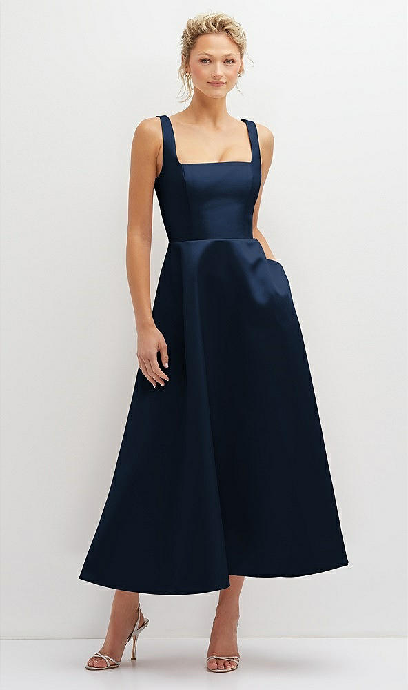 Front View - Midnight Navy Square Neck Satin Midi Dress with Full Skirt & Pockets