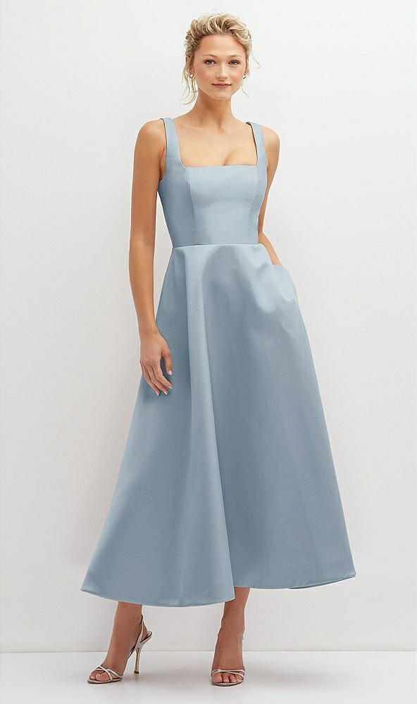 Front View - Mist Square Neck Satin Midi Dress with Full Skirt & Pockets