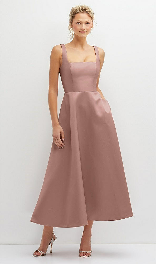 Front View - Neu Nude Square Neck Satin Midi Dress with Full Skirt & Pockets