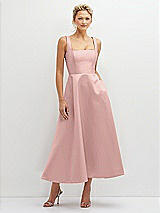 Front View Thumbnail - Rose - PANTONE Rose Quartz Square Neck Satin Midi Dress with Full Skirt & Pockets