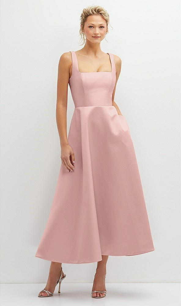 Front View - Rose - PANTONE Rose Quartz Square Neck Satin Midi Dress with Full Skirt & Pockets