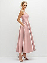 Side View Thumbnail - Rose - PANTONE Rose Quartz Square Neck Satin Midi Dress with Full Skirt & Pockets
