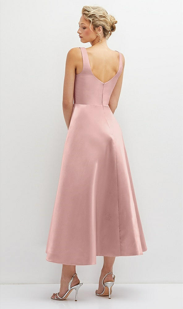 Back View - Rose - PANTONE Rose Quartz Square Neck Satin Midi Dress with Full Skirt & Pockets