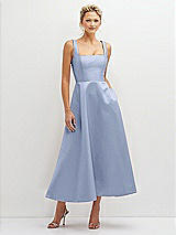 Front View Thumbnail - Sky Blue Square Neck Satin Midi Dress with Full Skirt & Pockets
