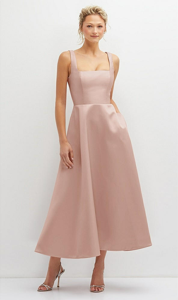 Front View - Toasted Sugar Square Neck Satin Midi Dress with Full Skirt & Pockets