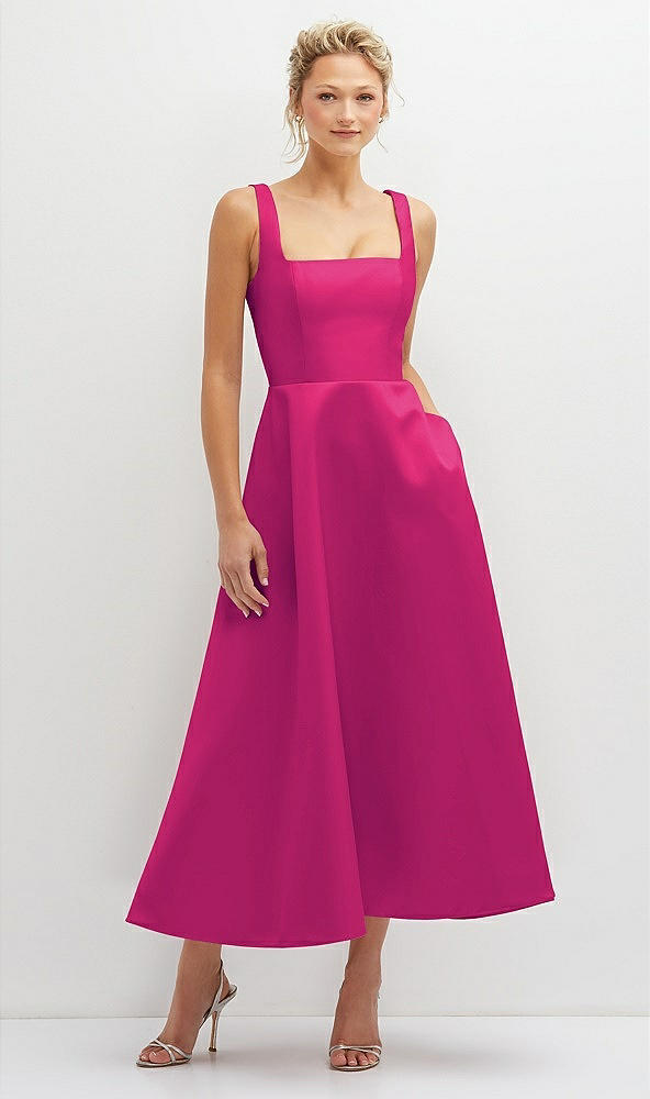 Front View - Think Pink Square Neck Satin Midi Dress with Full Skirt & Pockets