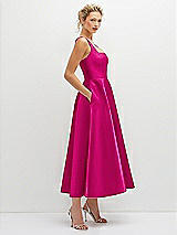 Side View Thumbnail - Think Pink Square Neck Satin Midi Dress with Full Skirt & Pockets