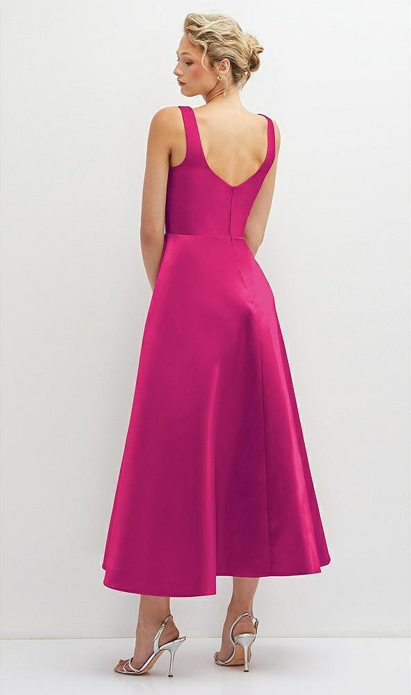 Back View - Think Pink Square Neck Satin Midi Dress with Full Skirt & Pockets