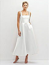 Front View Thumbnail - White Square Neck Satin Midi Dress with Full Skirt & Pockets