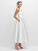 Side View Thumbnail - White Square Neck Satin Midi Dress with Full Skirt & Pockets