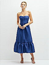 Front View Thumbnail - Classic Blue Strapless Satin Midi Corset Dress with Lace-Up Back & Ruffle Hem