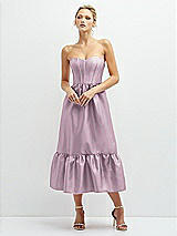 Front View Thumbnail - Suede Rose Strapless Satin Midi Corset Dress with Lace-Up Back & Ruffle Hem