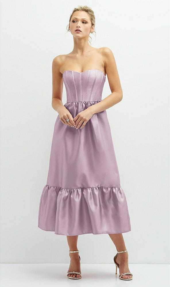 Front View - Suede Rose Strapless Satin Midi Corset Dress with Lace-Up Back & Ruffle Hem
