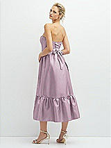 Rear View Thumbnail - Suede Rose Strapless Satin Midi Corset Dress with Lace-Up Back & Ruffle Hem