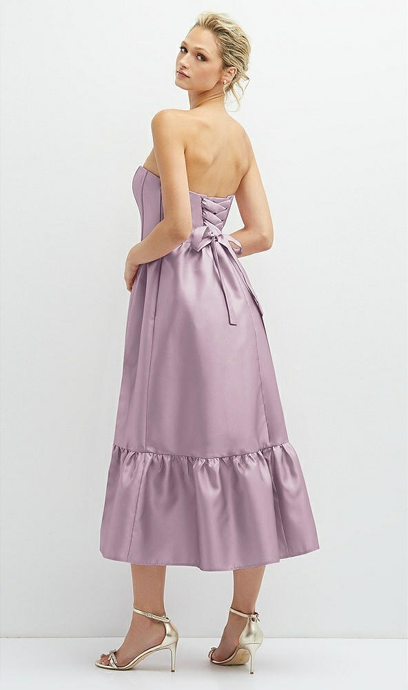 Back View - Suede Rose Strapless Satin Midi Corset Dress with Lace-Up Back & Ruffle Hem