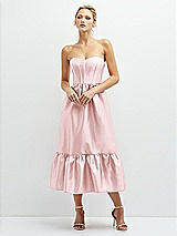 Front View Thumbnail - Ballet Pink Strapless Satin Midi Corset Dress with Lace-Up Back & Ruffle Hem