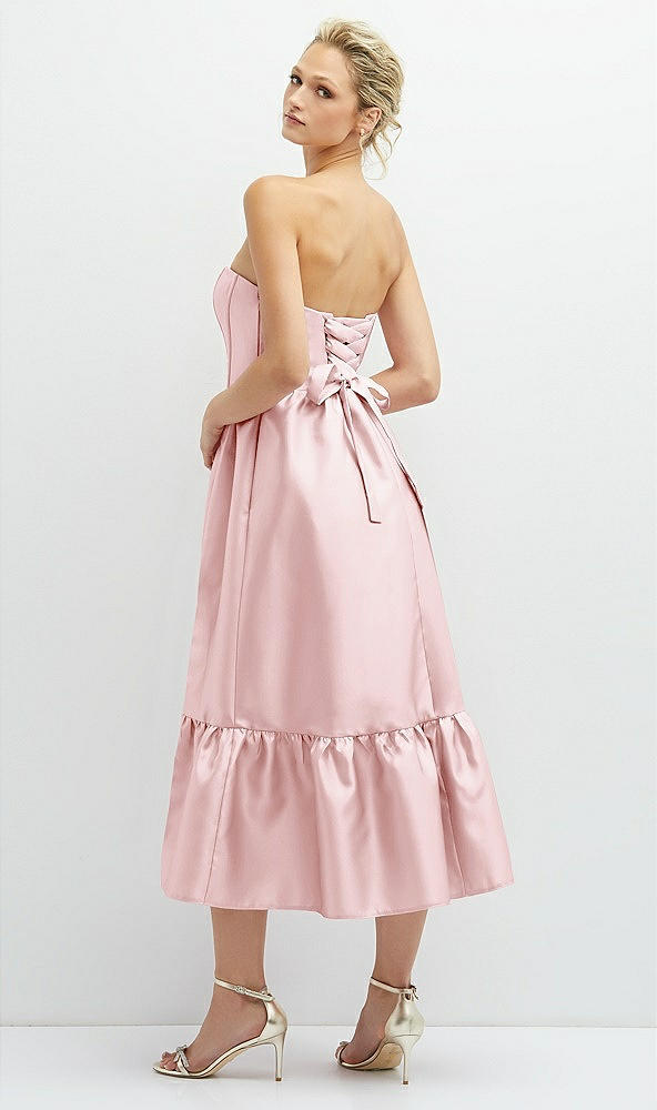 Back View - Ballet Pink Strapless Satin Midi Corset Dress with Lace-Up Back & Ruffle Hem