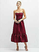 Front View Thumbnail - Burgundy Strapless Satin Midi Corset Dress with Lace-Up Back & Ruffle Hem