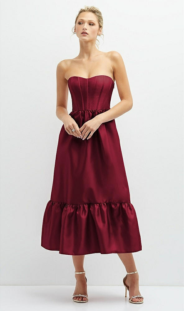 Front View - Burgundy Strapless Satin Midi Corset Dress with Lace-Up Back & Ruffle Hem