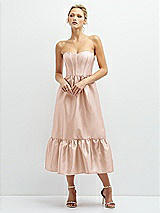 Front View Thumbnail - Cameo Strapless Satin Midi Corset Dress with Lace-Up Back & Ruffle Hem